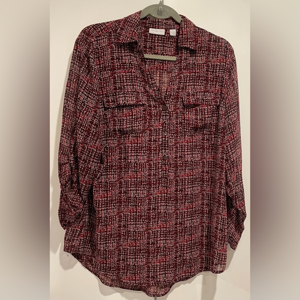 NewYork & Company Sheer Maroon and Red 3/4 Button Pull On Blouse Size L